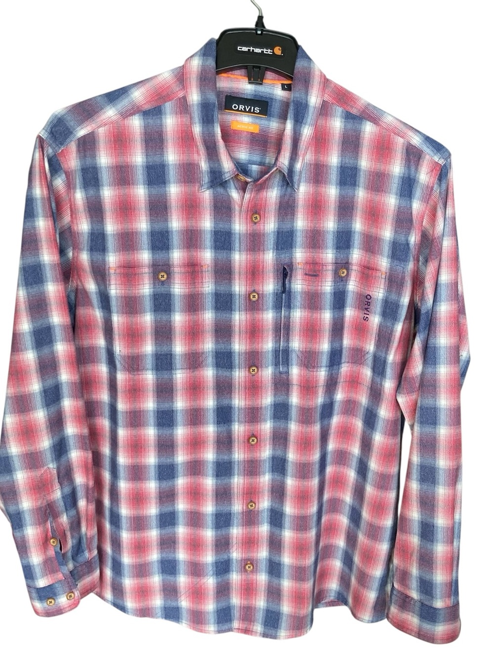 Orvis Active Fit Red White Blue Plaid Button Down Shirt Mens XL Long Sleeve Logo